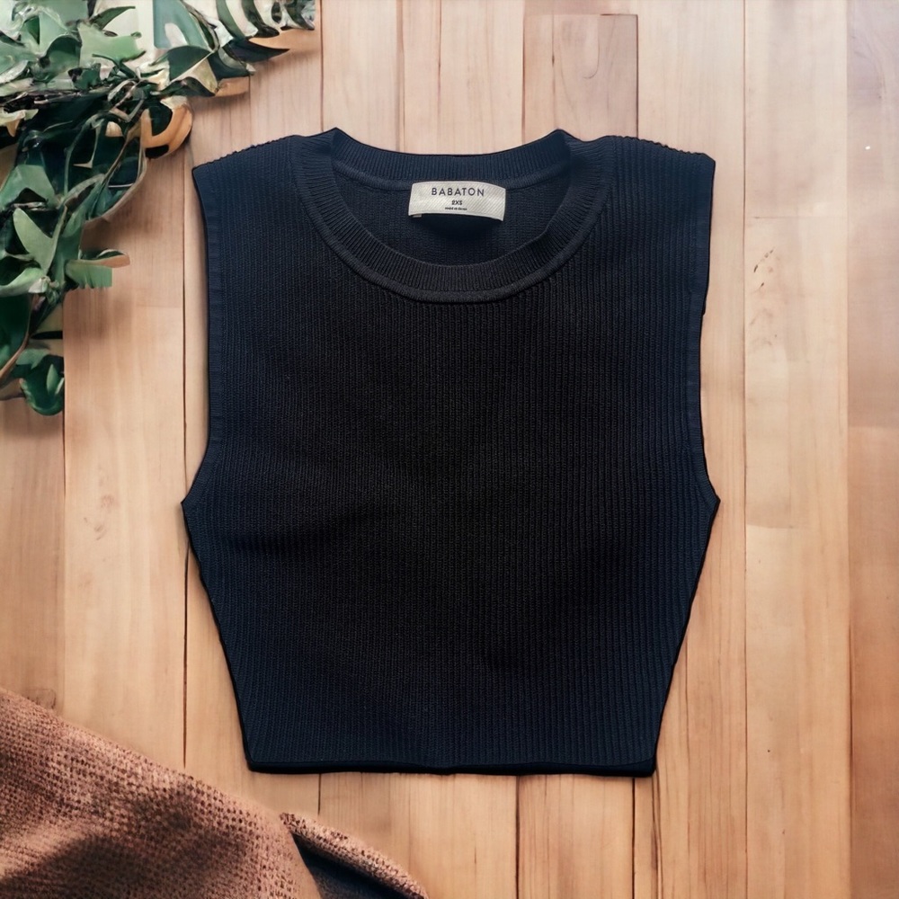 Babaton Black Sculpt Knit Crew Neck Racer Crop Ribbed Tank XXS